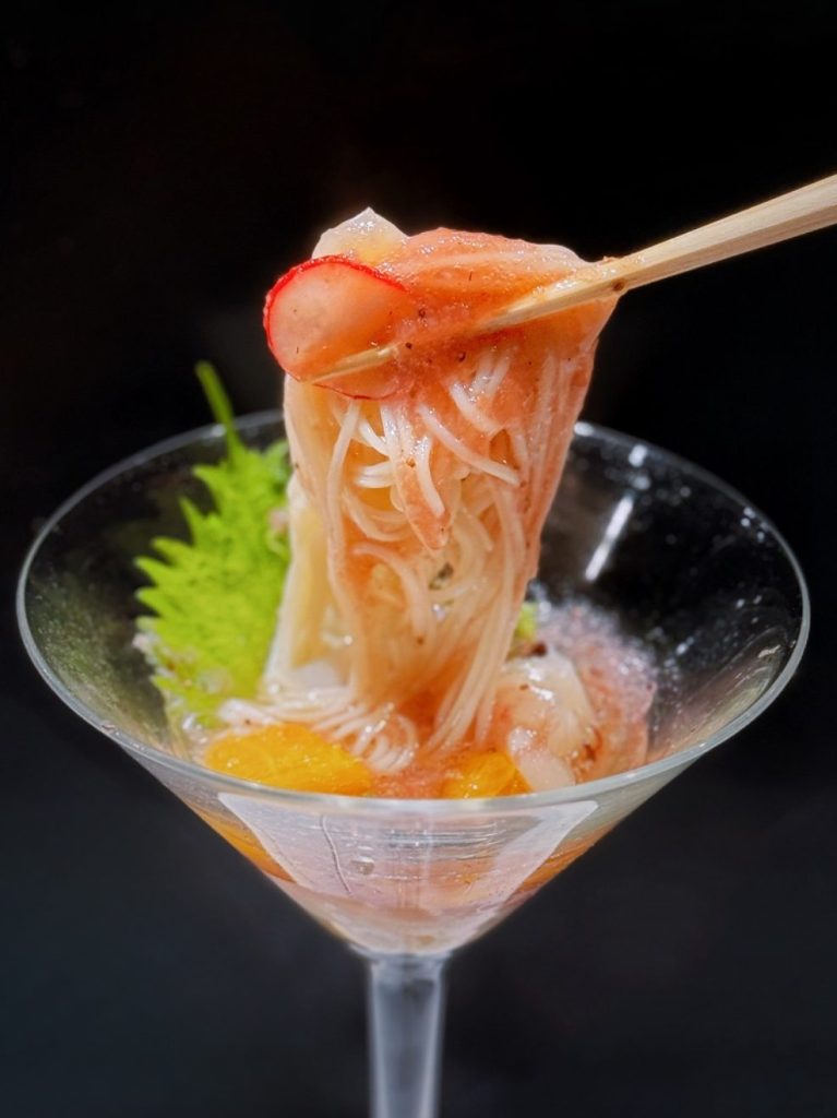 Shunsui - Delicate chilled somen noodles, scallops & strawberry vinegar in a cocktail glass.